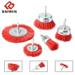 Brosse à coupelle en Nylon 1/2/4 pouces, 4/5 pièces, tige de 1/4 pouces pour roue à fil abrasif, polissage du bois et du métal, outils rotatifs de nettoyage et d'ébavurage 