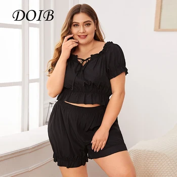 

DOIB Women Black Sleepwear Set Puff Sleeve Frenulum Homewear Two Pieces Suit Plus Size Nightwear Female Loose Casual Pajamas