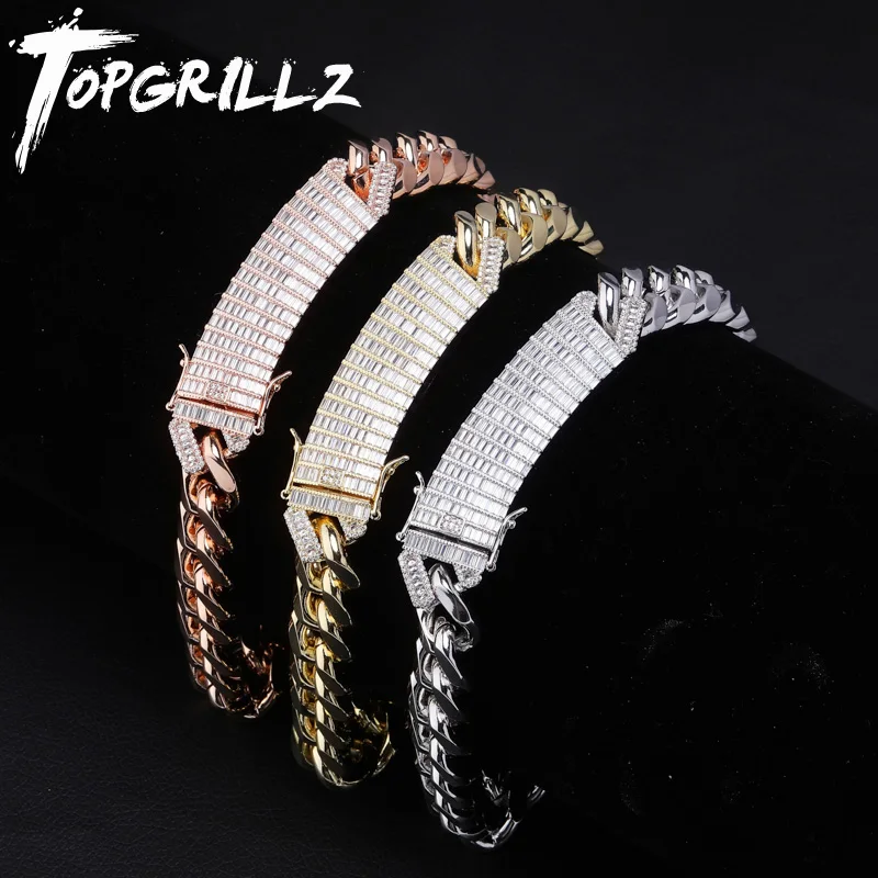 

TOPGRILLZ 18mm Long Lock Clasp Baguette Zircon Prong Setting Cuban Necklace Iced Out Cubic Zirconia Chain Hip Hop Rock Jewelry