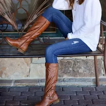 Высокие сапоги до бедра; Модные женские кожаные сапоги в стиле ретро; пояс на молнии; высокие мотоциклетные сапоги с пряжкой; зимняя теплая обувь на плоской подошве; готичный панк стиль