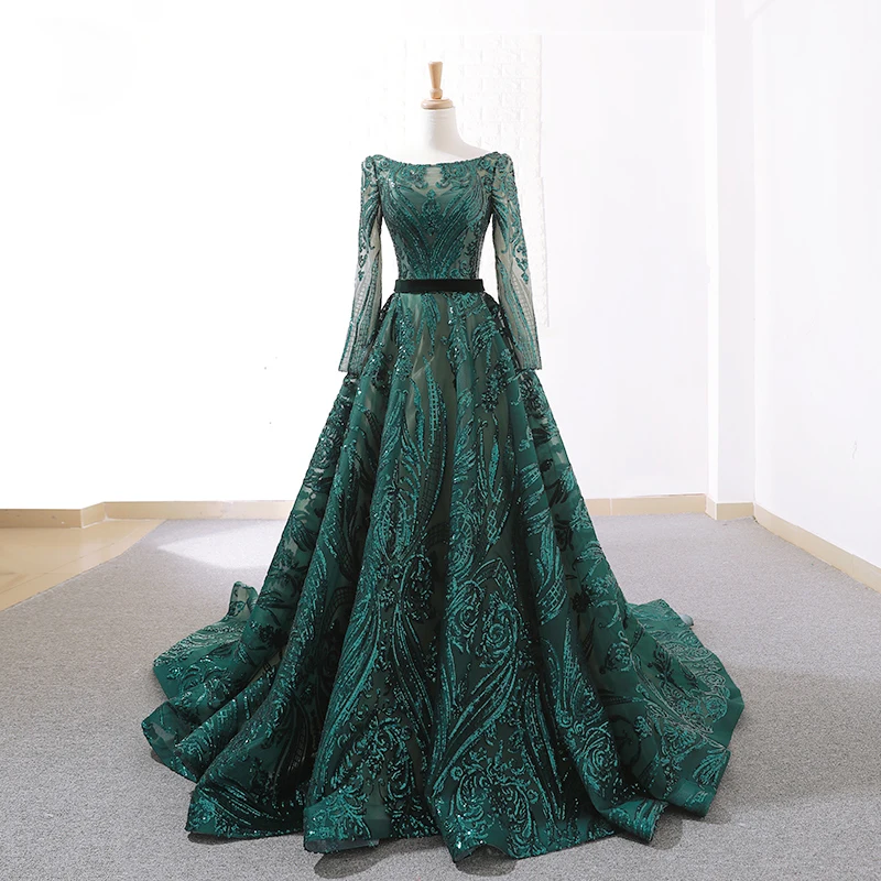 Lceland Poppy Luxury A-line Sequins Evening Dresses Scoop Neck Long Sleeves Floor Length robe de soiree Formal Evening Gowns - Цвет: Green