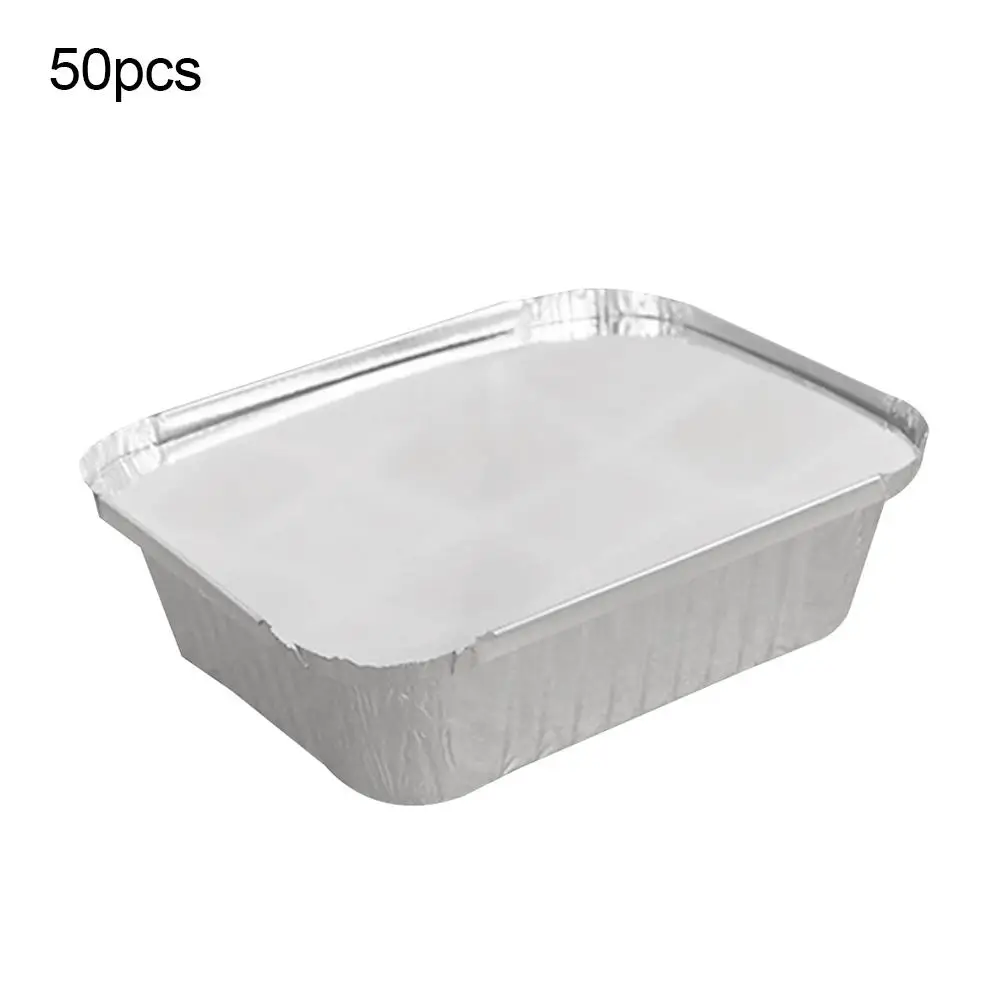 50Pcs Disposable Rectangle Aluminum Foil Food Tray Baking Pan Container with Lid BBQ Accessories |