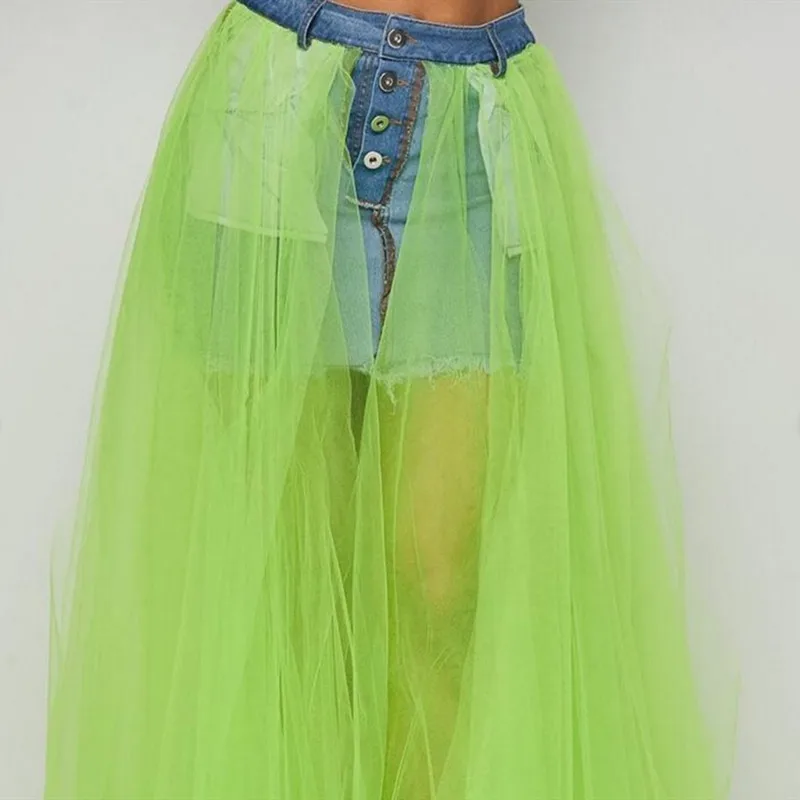 Лоскутная плиссированная юбка-пачка, сексуальная сетчатая Прозрачная Юбка с высокой талией, женская уличная джинсовая юбка