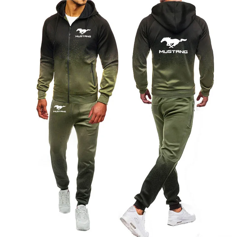 Hoodies Men Mustang Car Logo Print Casual Harajuku Gradient color Hooded Fleece zipper Jacket Sweatshirt Sweatpants Suit 2pcs | Мужская