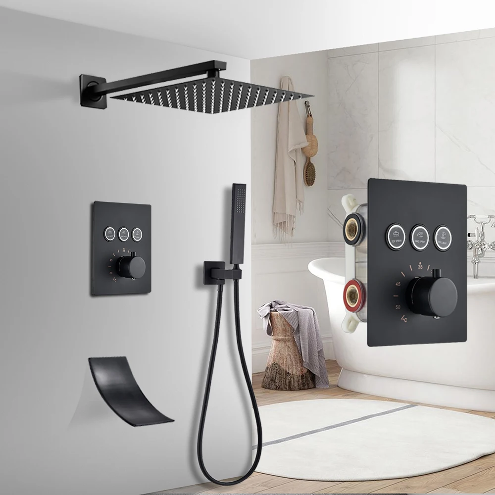 New Matte Black Thermostatic Bathroom Shower Faucet Set Rain Waterfall Bathtub System Mixer Tap Wall Mounted Button | Обустройство