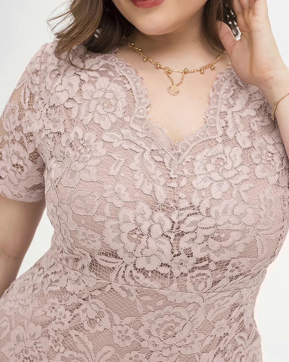 Plus Size Lace Dress Women Elegant Pencil Midi Dress With V Neck Big Size Casual Pink Dresses Short Sleeve Summer Dress XL-XXXXL