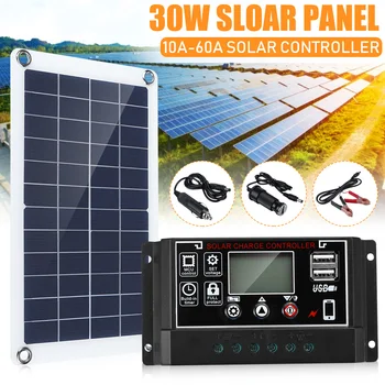 

30W 12V Professional Solar Panel Kit 2 USB Port Off Grid Monocrystalline Module LCD Display with 10-60A Solar Charge Controller