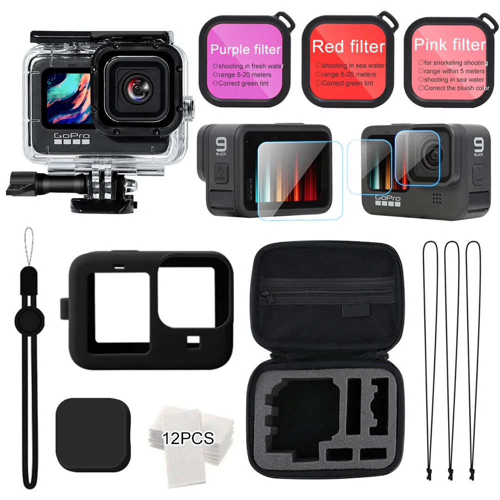 For GoPro Hero 9 Black accessories set kit waterproof housing case shell Silicone cover skin Tempered film storage bag filter
