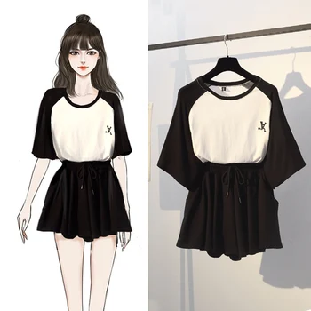

New Cotton Thin Slim Temperament O-Neck Pullover T-shirt Black Waist Drawstring Affordable Personality Fashion Comfortable