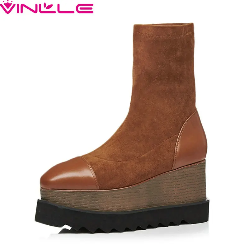 

VINLLE 2019 Fashion Women Ankle Genuine Leather Flock High Heel Slip On Square Toe Elegant Casual Fashion Shoes Size 34-42