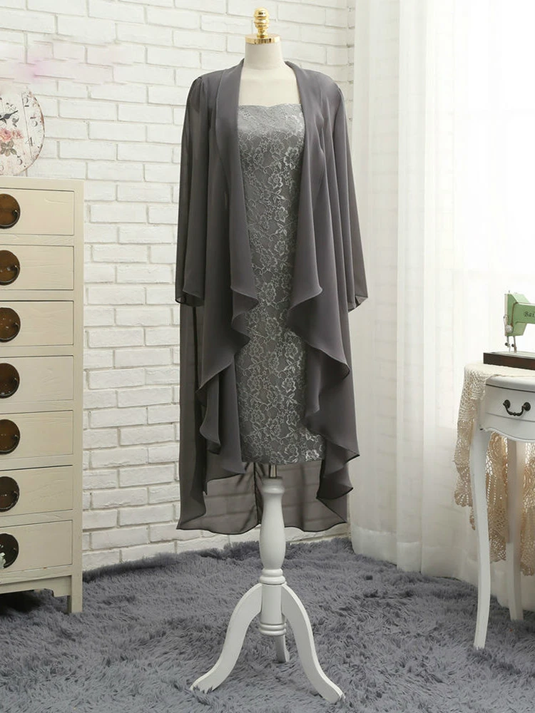 

Grey Lace Knee Length Short Mother of the Bride Dress with Chiffon Coat Mother of the Groom Suits Wedding Party Formal Gown