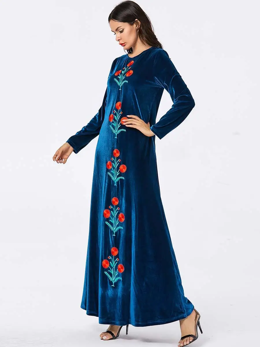 Abayas женское бархатное платье мусульманский Кафтан Дубай Халат длинный рукав вышивка свободный исламский джильбаб Vestidos Одежда Плюс Размер