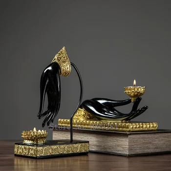 

Buddhism Hand Candlestick Golden Lotus Resin Decoration Furnishing Modern Home Living Room Crafts Home Decoration Accessories