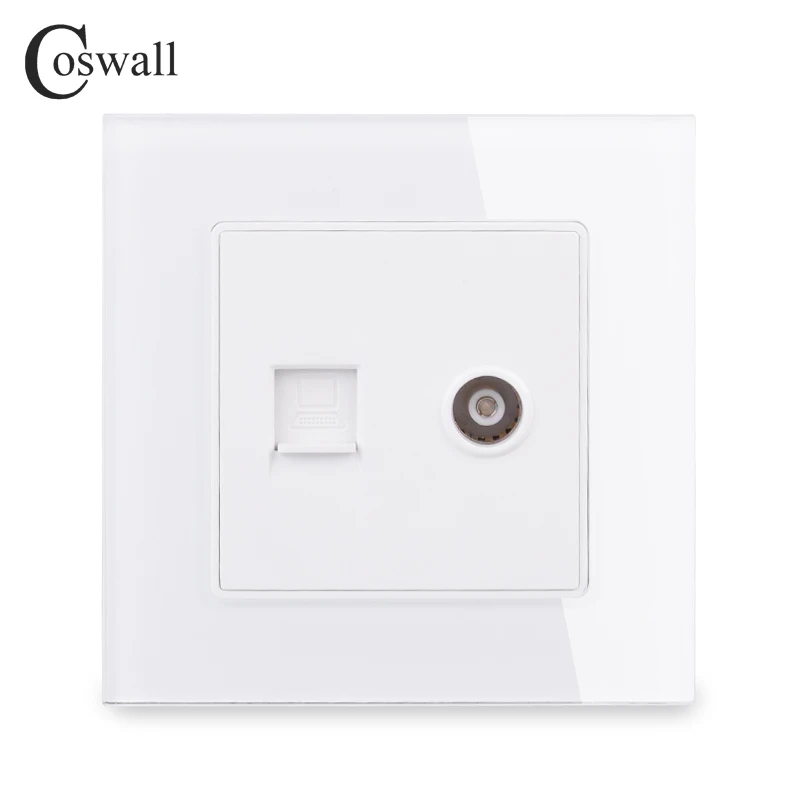 White COSWALL Кристалл Закаленное стекло Блок розеток женский ТВ разъем с CAT5E RJ45 Интернет компьютер разъем для передачи данных C1 серии - Тип: White