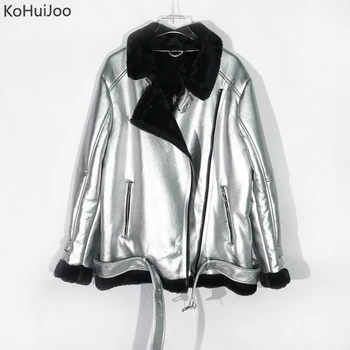 

KoHuiJoo Winter Faux Leather Jacket Female Sliver European Zipper Fur Collar Thick Leather Coat Women Fashion Motorycyle Jackets
