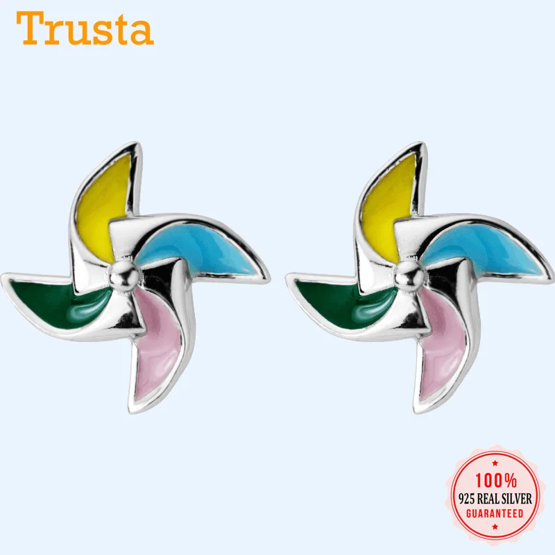 Trusta 925 пробы серебряные серьги гвоздики красочные глазурь серьги в виде крыльев мельницы ювелирные изделия подарок на день рождения для девочек Дети Леди DS1383