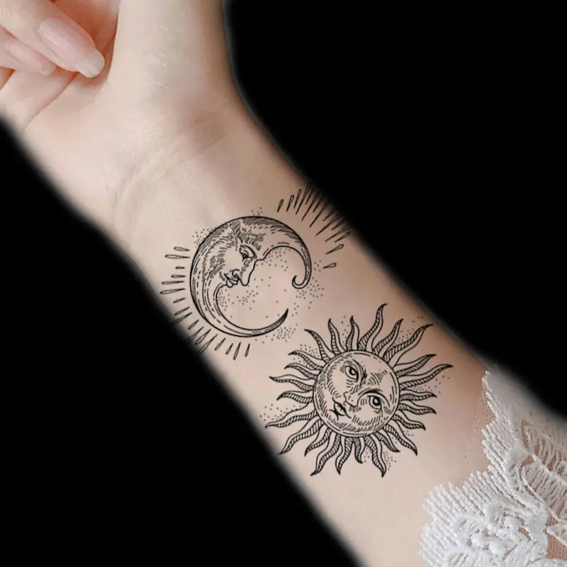 Fake Tattoos Sonne-Mond-Stern – Wasserdichte Temporäre Tattoos Für Schlüsselbein & Arme, Schwarz-weiß