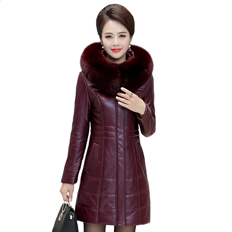 Мать среднего возраста зимняя кожаная куртка женские кожаные парки меховой воротник с капюшоном размера плюс 8XL теплое Женское зимнее кожаное пальто