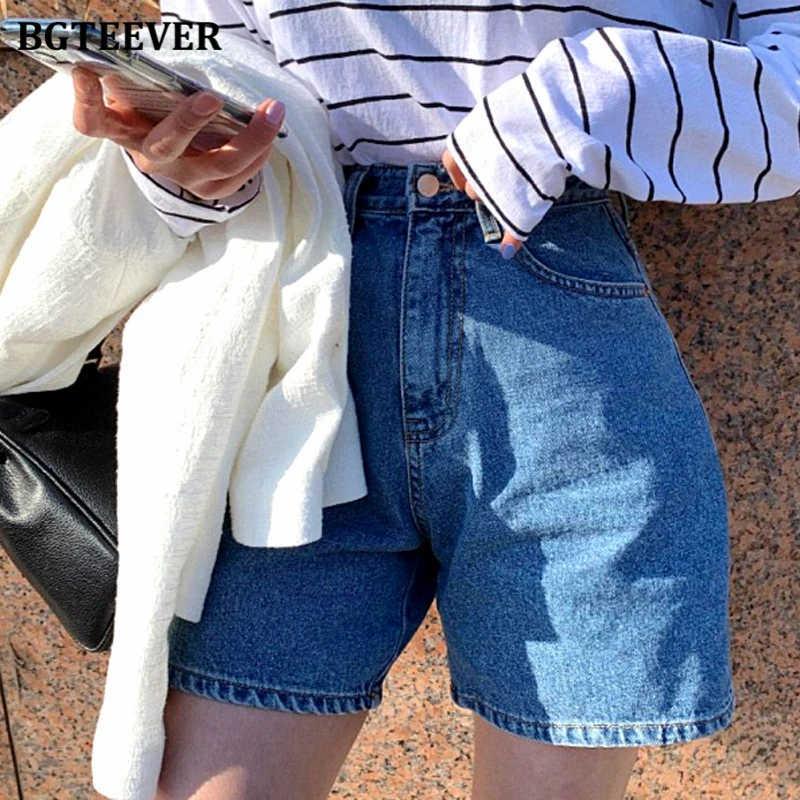 BGTEEVER Casual High Waist Straight Jeans Shorts Summer Pockets Loose Female Blue Denim Shorts Ladies High Street Bottoms 2020 2