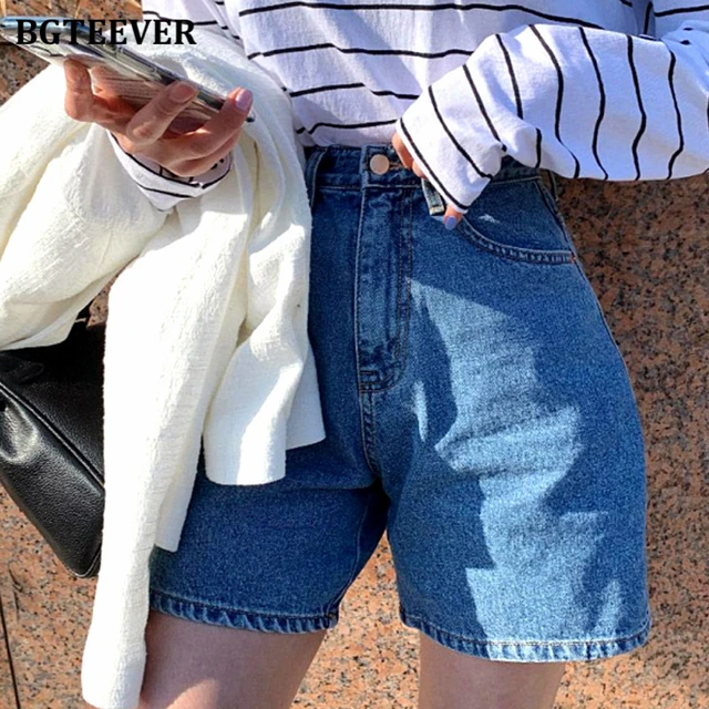 BGTEEVER Casual High Waist Straight Jeans Shorts Summer Pockets Loose Female Blue Denim Shorts Ladies High Street Bottoms 2020 2