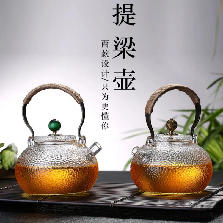 

High-temperature Resistant Japanese Style Tea Pot Thick Hammer Glass Pot Heat-resistant Glass Copper Handles Loop-handled Teapot
