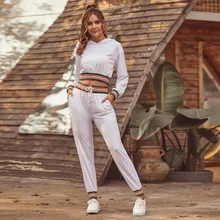 Женский однотонный спортивный свитер с капюшоном, топы с длинным рукавом, блузка и штаны, комплект из 2 предметов