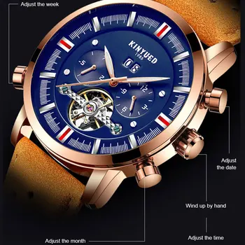 

KINYUED Multifunctional Automatic Mechanical Watch Men's Tourbillon Watch Calendar male Watches Waterproof Leather strap clock