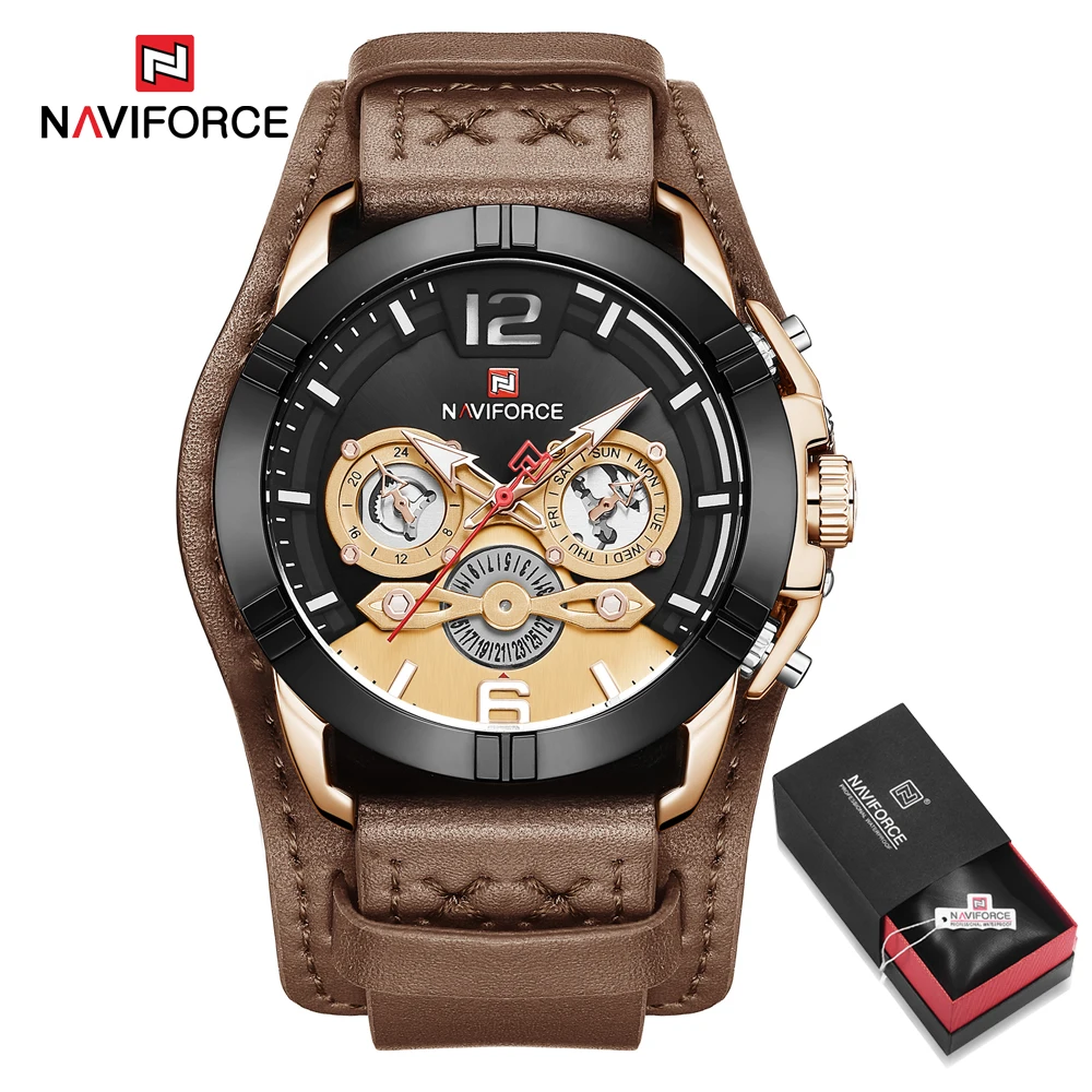 Black Gold in Box NAVIFORCE мужские часы Топ люксовый бренд бизнес кожа кварцевые часы повседневные водонепроницаемые мужские наручные часы Relogio Masculino - Цвет: Black Gold in Box