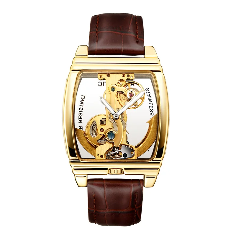 

High quality Men's Watch Casual Fashion Single Bridge Male Watch Automatic Mechanical Creative Stainless Steel Belt Leather Gold