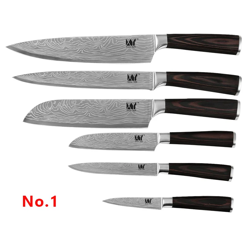 XYJ кухонные ножи 6 шт. набор из нержавеющей стали 13 лазерный дамасский нож с узором цветная ручка для мяса, рыбы, фруктов аксессуары для приготовления пищи - Цвет: 6pcs knife set 01