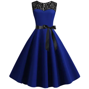 

Blue Lace Patchwork Summer Dress Women 2019 Elegant Vintage Party Dress Casual Office Ladies Work Dress Plus Size