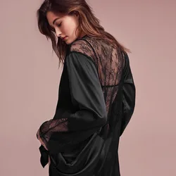 Lace Sexy Backless Pajamas Women Nightwear Bride Black Robes Satin Winter Loose Home Robe  Female Patchwork