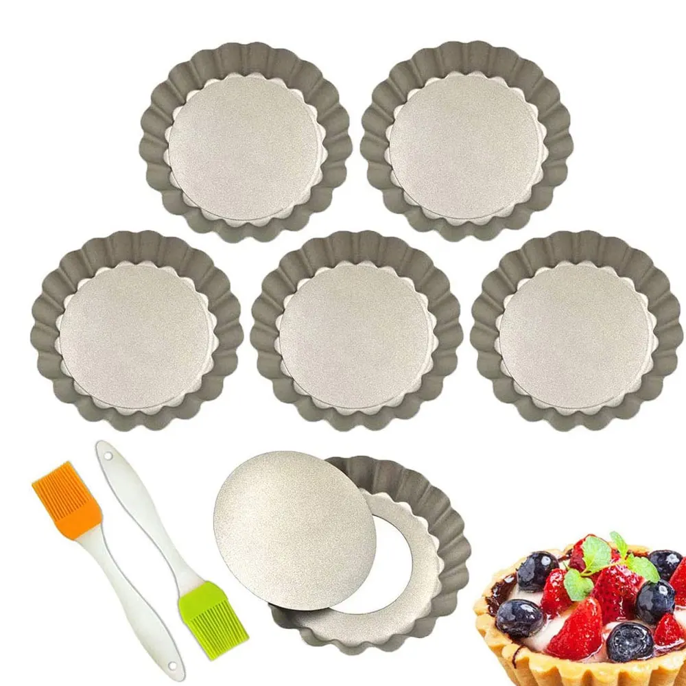 Black Quiche Pan Small Size Pie Pan with Removable Bottom YCCYYCCY 6 Pcs 4 Inch Tart Pan with Tart Tamper and Pastry Brush as A Gifts Non-Stick Baking Pan