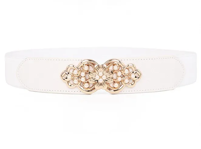 New Fashion Thin PU Leather Belt Simulated Pearl Elastic Waistbands white pearls flower buckle Women for Dress Girls