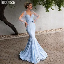 Мятно-голубое арабское вечернее платье русалки с длинным рукавом, v-образный вырез, бисероплетение, кружева, новинка, женские платья для выпускного вечера на заказ, Robe De Soiree