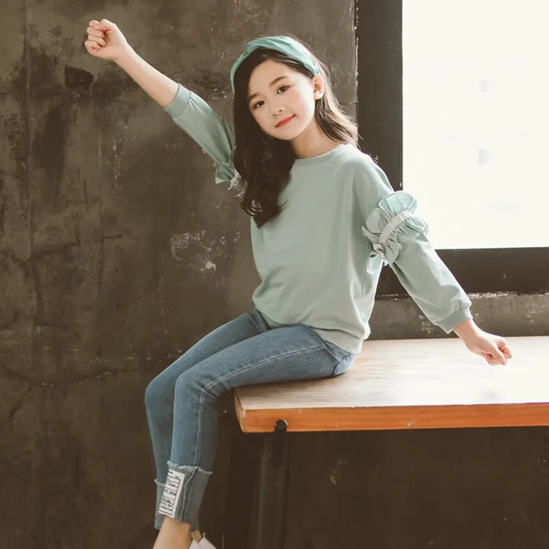 Одежда для маленьких девочек осенний стильный модный Повседневный пуловер с длинными рукавами для маленьких девочек+ комплекты со штанами