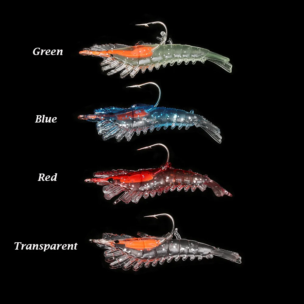 4 PCs Luminous Shrimp Fake Baits Soft Simulation Prawn Lure Fishy Smell  Artificial Trout Bait with Single Hook Sea Fishing Tools