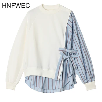 

Loose Fit Striped Bandage Stitch Sweatshirt New Round Neck Long Sleeve Women Big Size Fashion Tide Spring 2020 V081