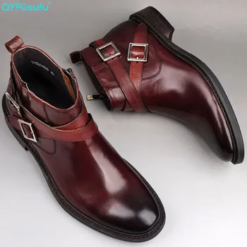 

QYFCIOUFU 2019 Men Boots Genuine Leather Handmade Fashion New Autumn Ankle Boots Buckle Gentleman Party Wedding Dress Boots