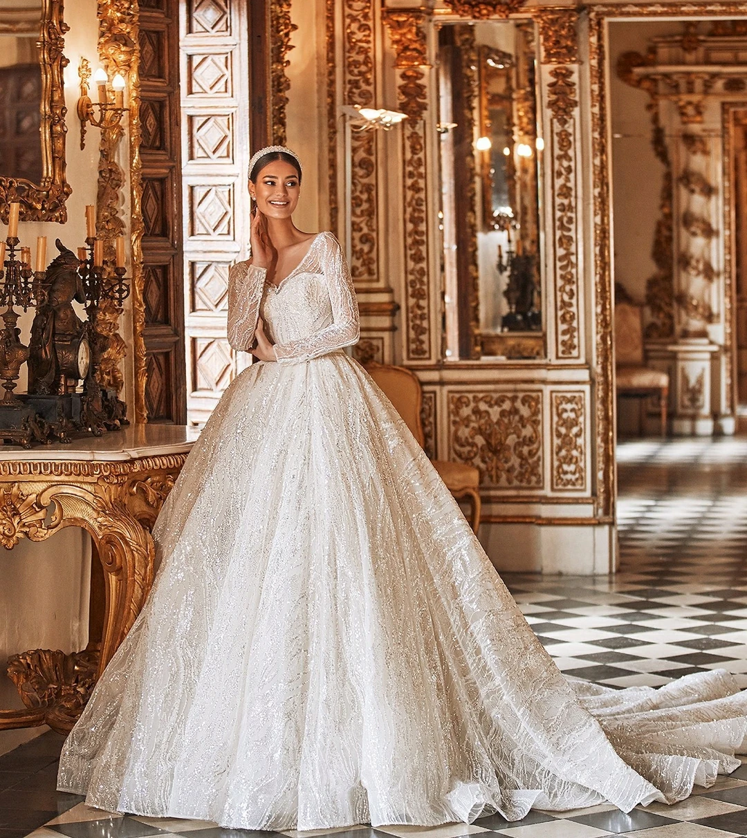 A Line Lace Wedding Dress Sequins Long 