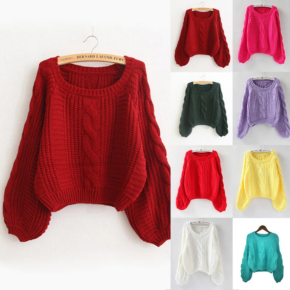 

2019 Lady Cable Knitted Sweaters Women's Autumn Winter Candy Color New Sweater Loose Long Sleeve Solid Pullovers Sweaters