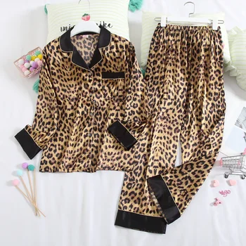 

New Leopard Print Thin Ladies Pajamas Two-Piece Ice Silk Fabric Long Sleeve Trousers Home Wear for Women Ensemble Pyjama Femme