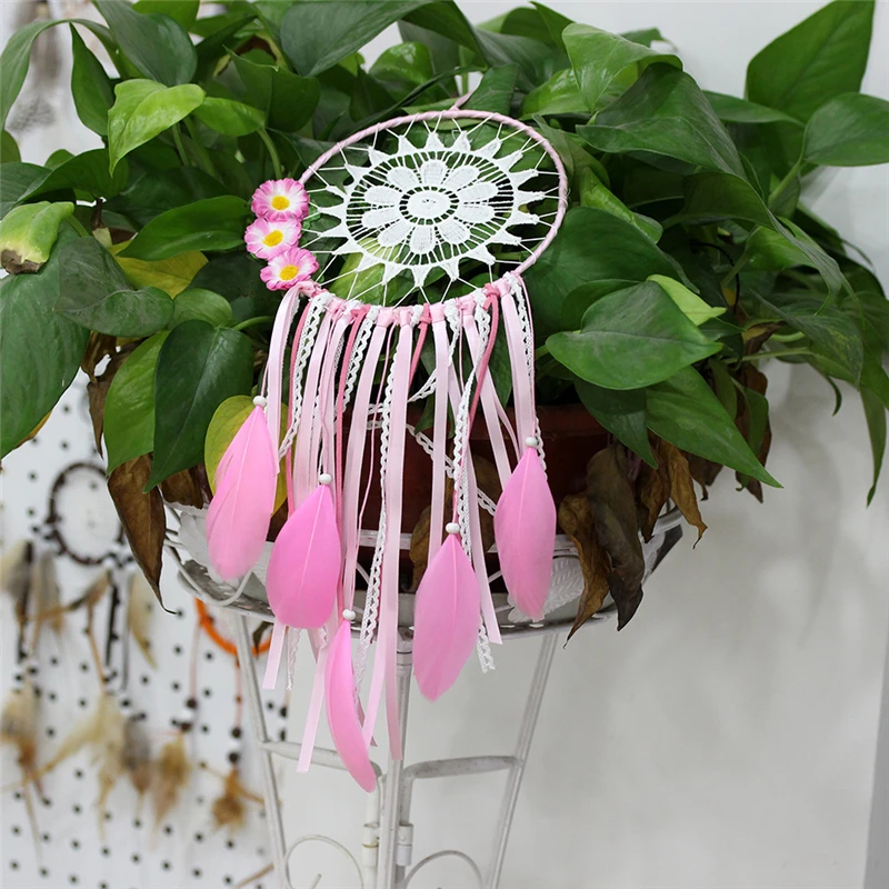 Lace Pink Feather Dream Catchers Round Metal Ring Circle Handmade Indian Style Bedroom Home Decorations Hanging Decors MS6996