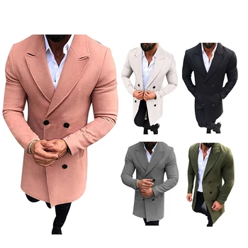 

Autumn Winter Mens Brand Fleece blends Jacket Male Overcoat Casual Solid Slim collar coats Long cotton trench coat Streetwear