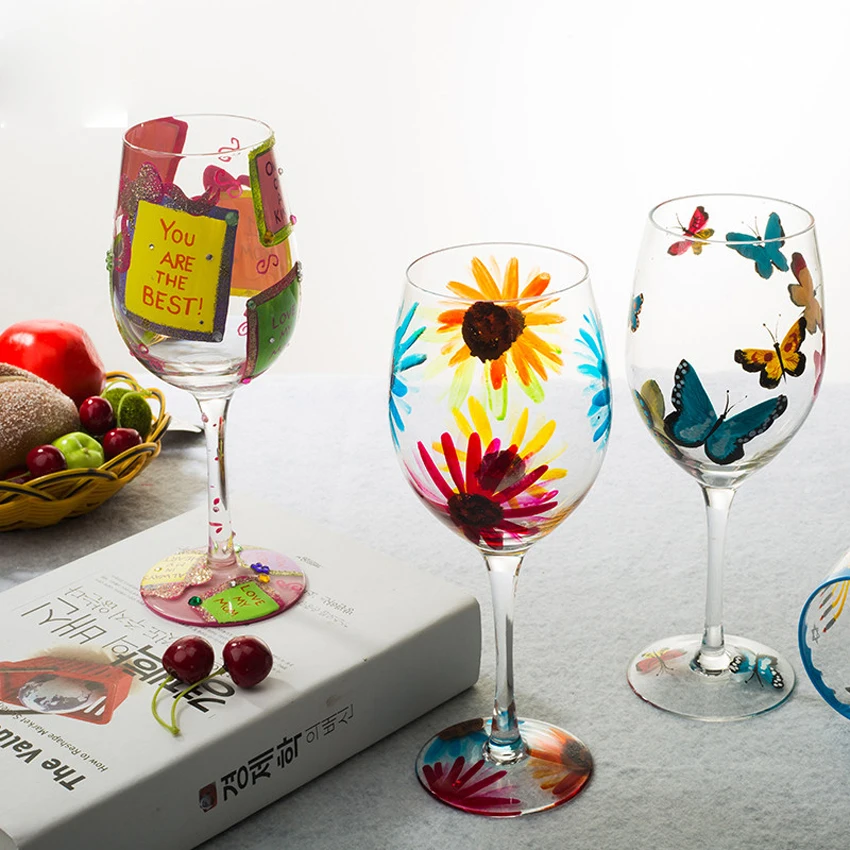 Nordic Colored Glass Wine Glasses Creative Hand-Painted Flowers Wine Glass  Household Painted Goblet Crystal Champagne Drinkware