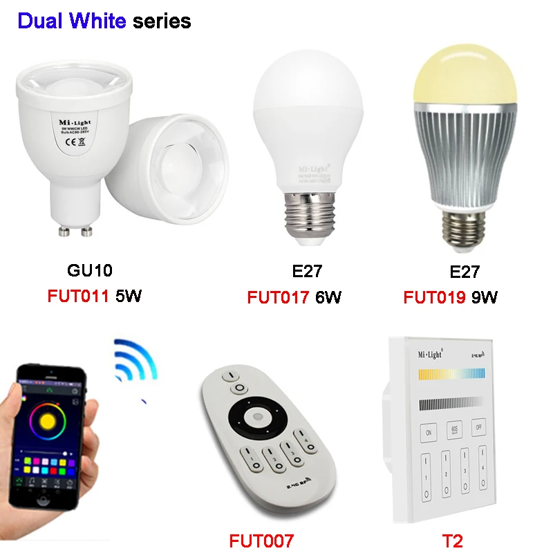 

Miboxer 5w 6W 9W GU10 E27 Color Temperature LED lamp Dual White Spot light FUT011/FUT017/FUT019 AC100~240V FUT007/T2 2.4G Remote