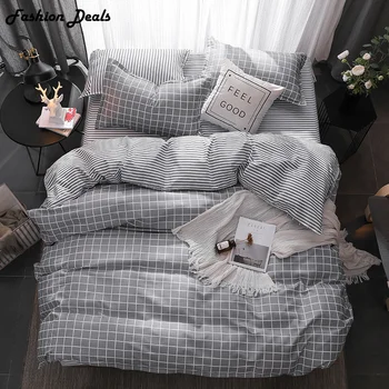 

Fashion Gray Plaid Bedding Set Queen Size Comforters Sets Bed Set Sheet, Pillowcase & Duvet Cover Sets Polyester / Cotton 4 Pcs