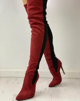 

Contrast Color Splicing Over The Knee Boots pointed toe suede patchwork sexy shoes