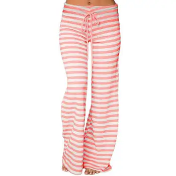 

Plus Size Fashion Women Stripe Mid-Waist Lace-up Wide Leg Casual Long Pants 2020 nwe