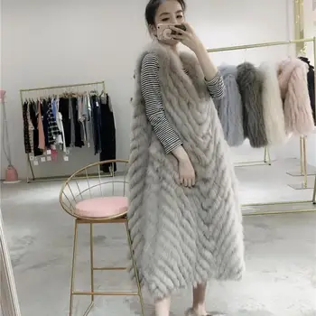 

2019 Winter New Car Fox Fur Woven Vest Super Long V-neck Hood Turf Vest